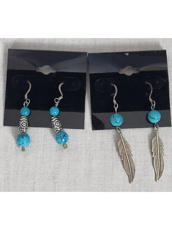Unbranded Jewelry - (2) Vintage Earrings Dangle Silver Tone & Blue Beads Feather Southwest Style